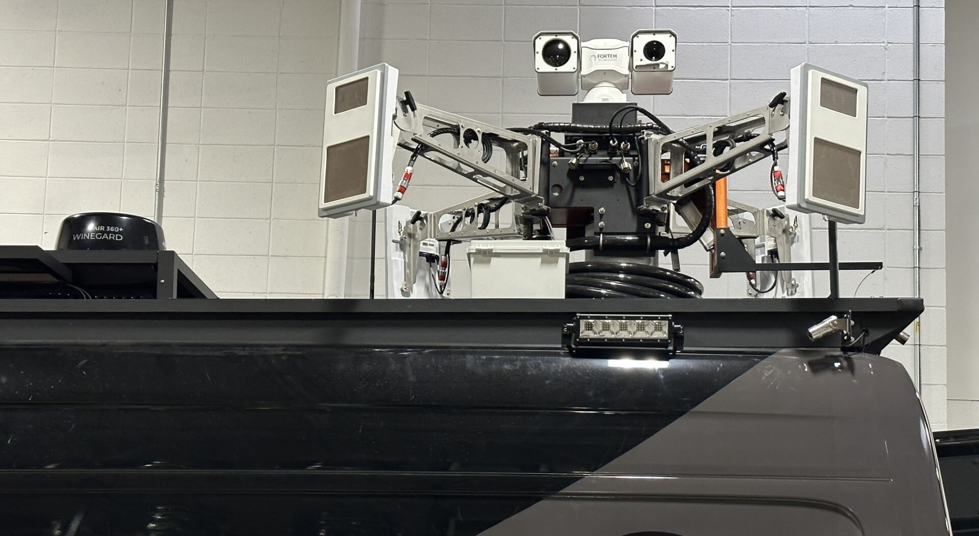 A close-up of an installed counter-unmanned aerial system (C-UAS) by Fortem Technologies